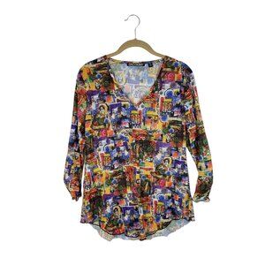 Snoskins V-Neck 3/4 Sleeve Top M Mesh Lightweight Novelty Art Print USA Made